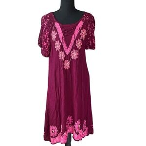 Gypsie Blu Burgundy Floral Embroidered Lace Up Boho Midi Dress Beach Mumu Pnk